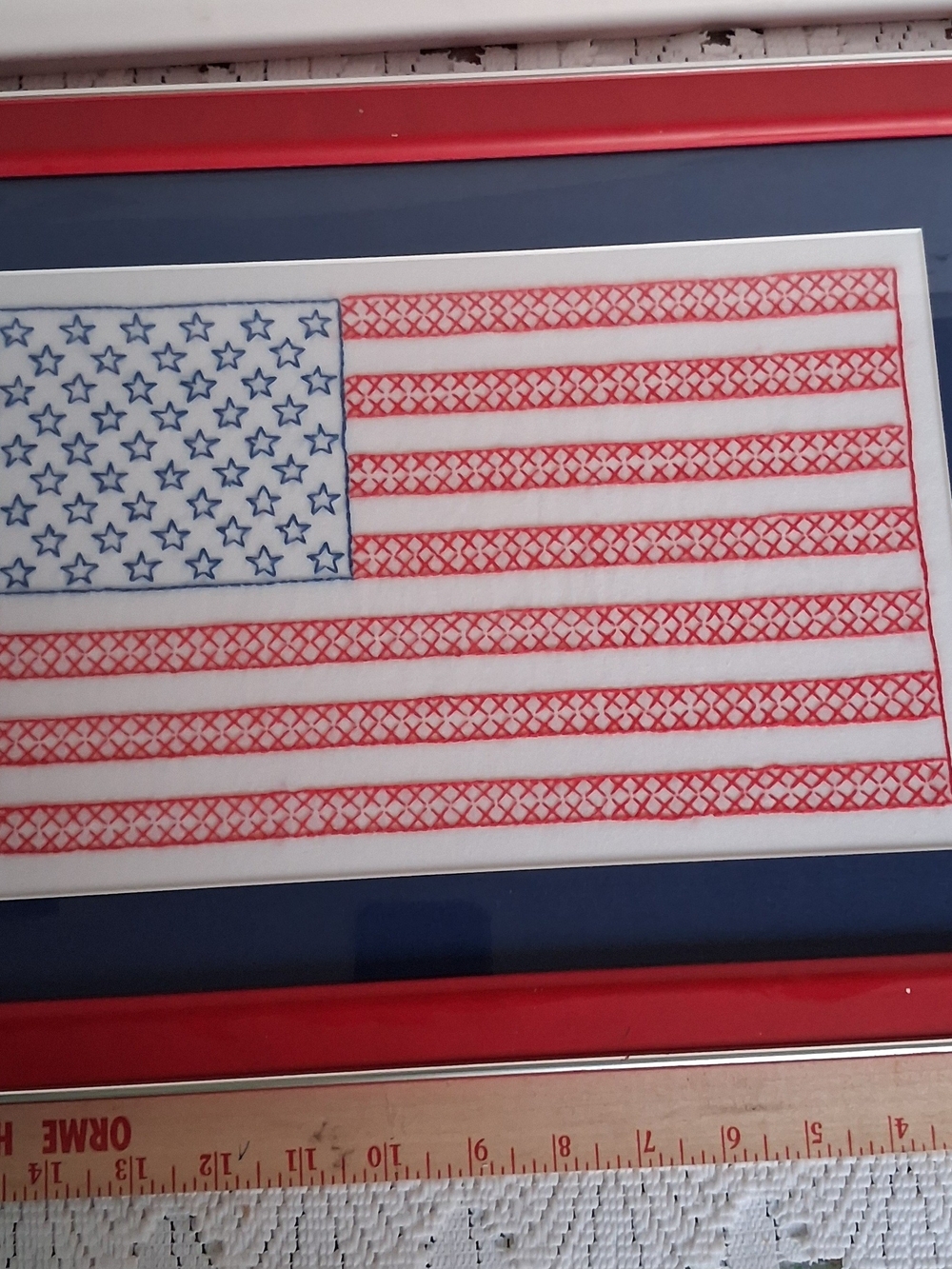 Vintage Hand Embroidered American Flag Folk Art Framed Patriotic 50 Star USA